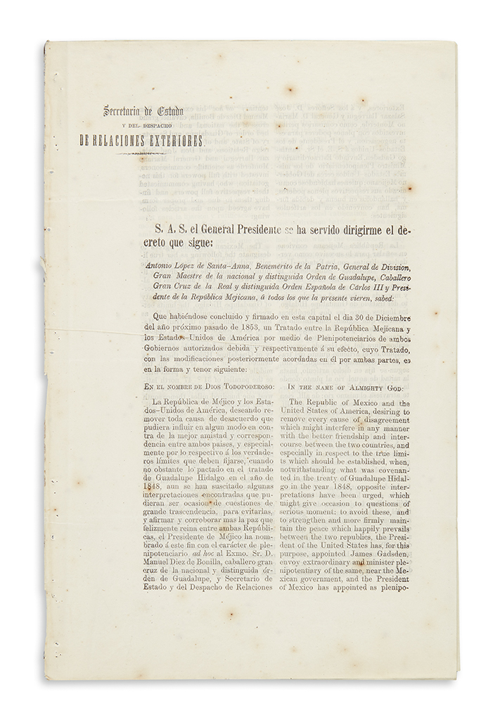 (ARIZONA.) Mexican printing of the Gadsden Purchase agreement, or the Venta de la Mesilla.